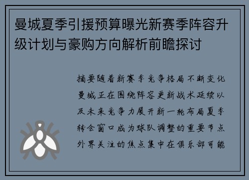 曼城夏季引援预算曝光新赛季阵容升级计划与豪购方向解析前瞻探讨